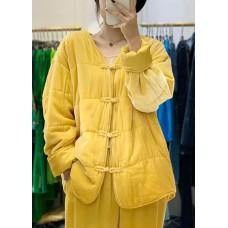 Vintage Yellow button V Neck Fine Cotton Filled coats Winter