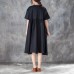 Elegant long cotton dresses Loose fitting Loose Short Sleeve Round Neck Black Pleated Dress