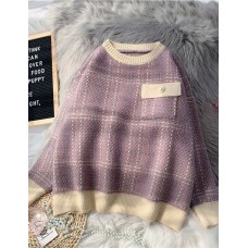 Chunky light purple plaid knitted blouse plus size o neck patchwork top