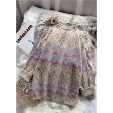 Chic khaki striped  Sweater Wardrobes Design o neck baggy knitted dress