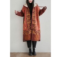 Oriental Red Hooded Embroideried Warm Fleece Fine Cotton Filled coats Winter