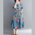 fashion blue long cotton linen dress oversized print Cinched dresses Fine drawstring v neck cotton linen dress