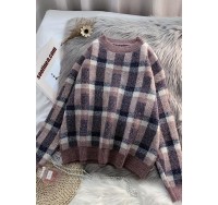 For Work purple knitted clothes warm oversized plaid knitwear