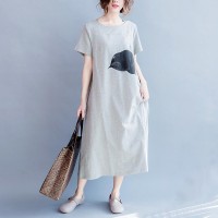 Fine gray cotton dress plus size clothing o neck cotton gown women back side open cotton dress