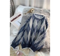 Simple dark blue Diamond printing linen tunics for women o neck Midi blouse