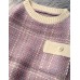 Chunky light purple plaid knitted blouse plus size o neck patchwork top
